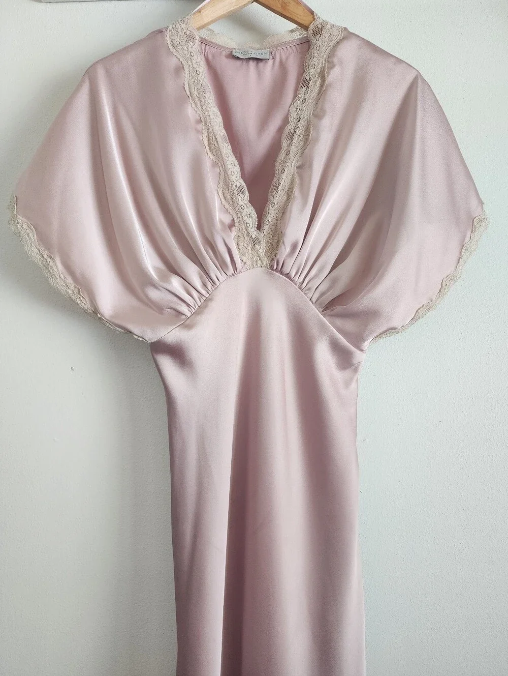 Pink Satin Lace Maxi Dress Small V-Neck Flowy Gown by Dress Forum Los Angeles - Picture 3 of 15